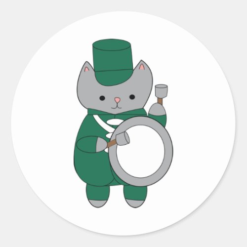 Drummer Bass Marching Band Cat Green White Classic Round Sticker