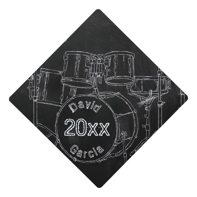 Drummer Black School Chalkboard Sketch Name Year Graduation Cap Topper (Front)