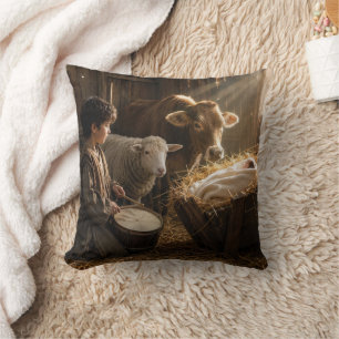 Drummer Boy Nativity Scene in a Stable Throw Pillow