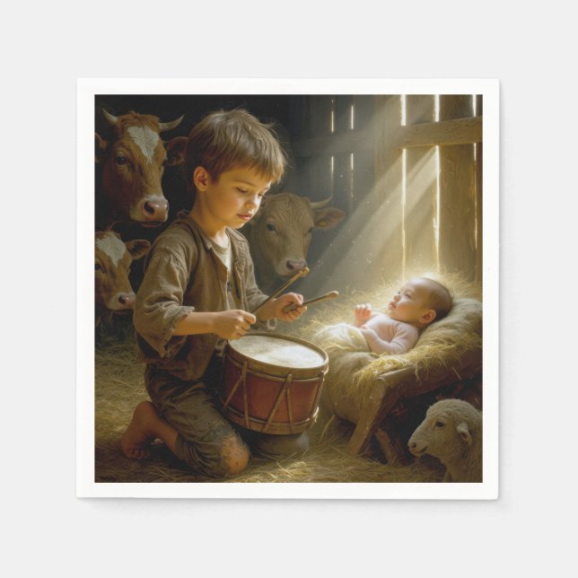 Drummer Boy Playing His Drum For Baby Jesus Napkins (Front)
