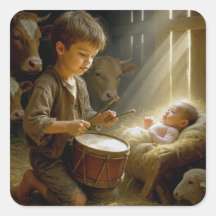 Drummer Boy Playing His Drum For Baby Jesus Square Sticker