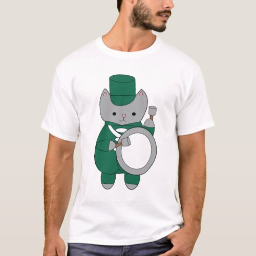 Drummer Cat Marching Band Green White Music T_Shirt