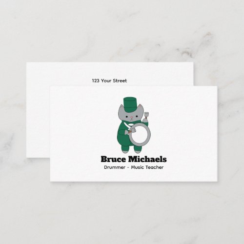 Drummer Cat Marching Band Green White Personalize Business Card