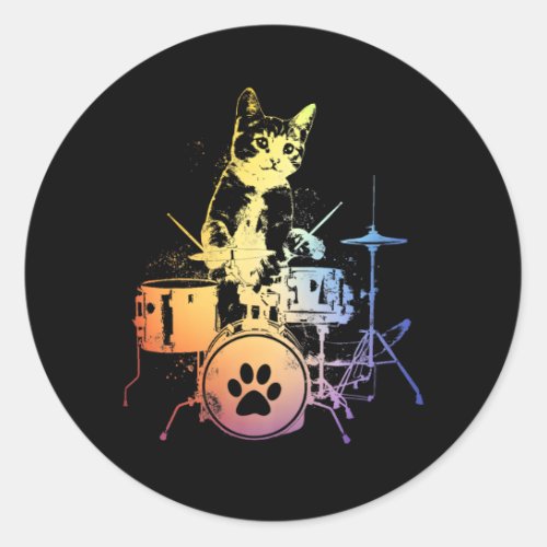 Drummer Cat Music Lover Kitty Playing Drums Classic Round Sticker