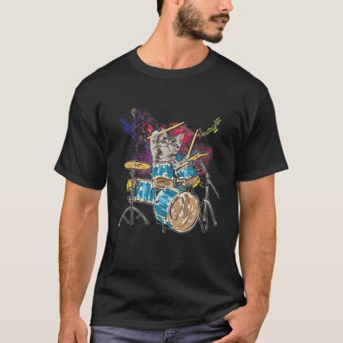 Drummer Cat Music Lover Musician Playing The Drums T_Shirt