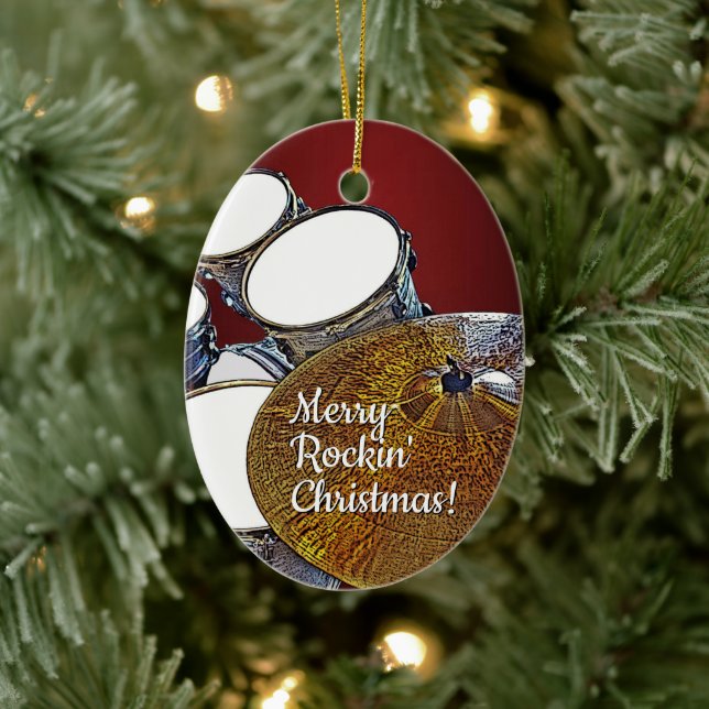 Drummer Christmas Rock & Roll Musician Drum Kit Ceramic Ornament (Tree)