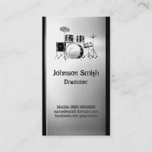 Drummer Drum Set _ Brushed Stainless Steel Metal Business Card