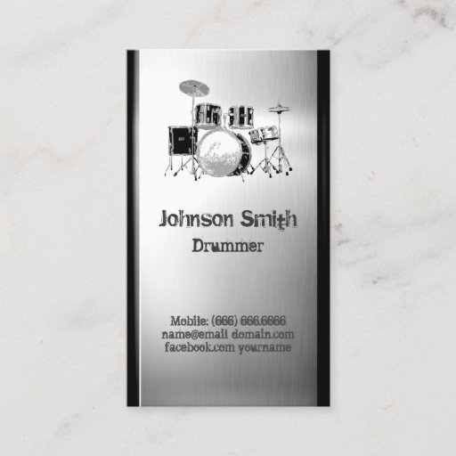 Customizable Drummer Drum Set - Brushed Stainless Steel Metal Business Card