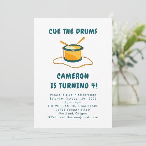 Drummer Drums Music Blue 4th Birthday Party Invitation