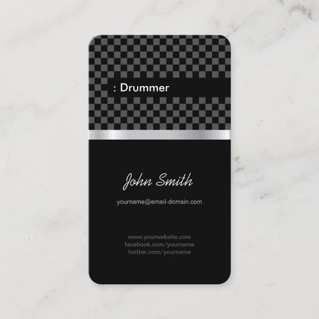 Drummer - Elegant Black Checkered Business Card (Front)
