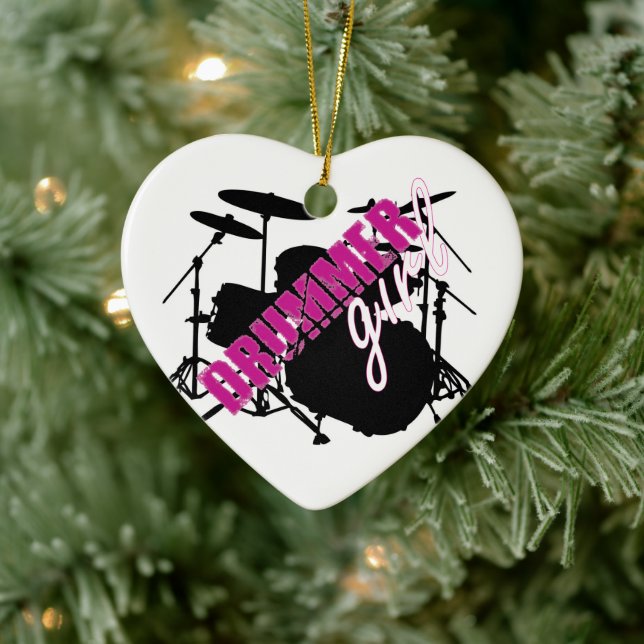 Drummer Girl with Fun Purple and Black Grunge Text Ceramic Ornament (Tree)