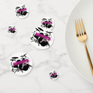Drummer Girl with Fun Purple and Black Grunge Text Confetti