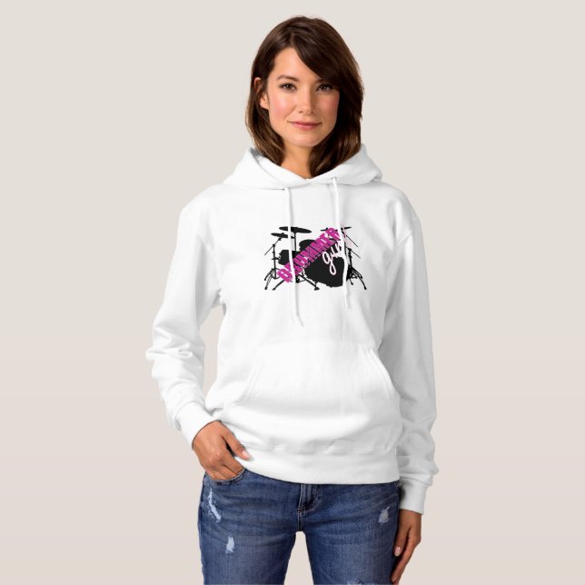 Drummer Girl with Fun Purple and Black Grunge Text Hoodie (Front Full)