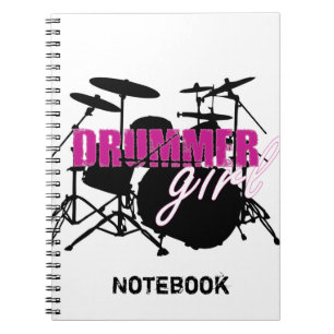 Drummer Girl with Fun Purple and Black Grunge Text Notebook
