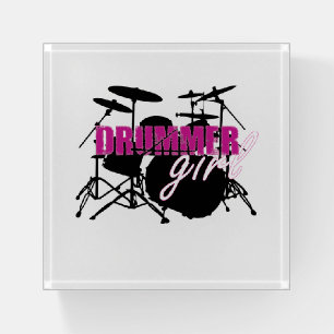Drummer Girl with Fun Purple and Black Grunge Text Paperweight