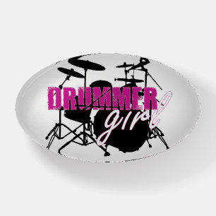 Drummer Girl with Fun Purple and Black Grunge Text Paperweight