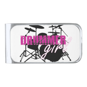 Drummer Girl with Fun Purple and Black Grunge Text Silver Finish Money Clip