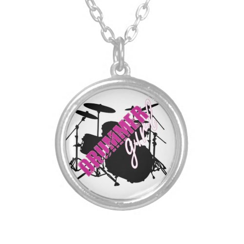 Drummer Girl with Fun Purple and Black Grunge Text Silver Plated Necklace