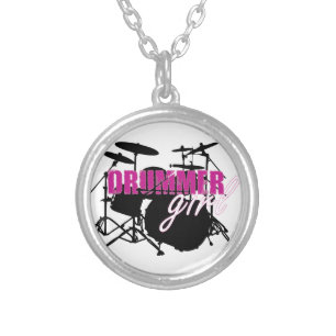 Drummer Girl with Fun Purple and Black Grunge Text Silver Plated Necklace