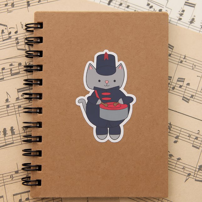 Drummer Marching Band Cat Navy Blue and Red Sticker (A sticker of a gray cat playing the snare drum in a red & navy blue marching band uniform.)