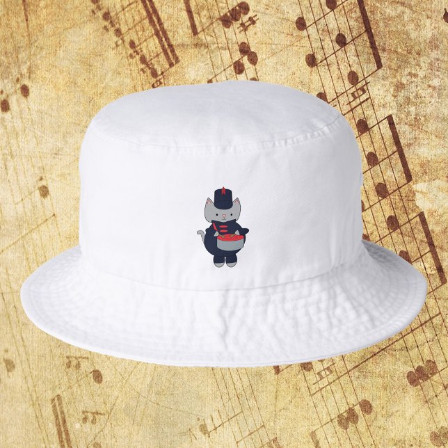 Drummer Marching Band Cat Navy Blue Red Bucket Hat (A bucket hat featuring a cat playing drums in a navy blue & red marching band uniform.)