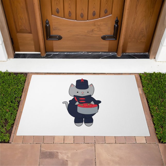 Drummer Marching Band Cat Navy Blue Red Doormat (Outdoor)