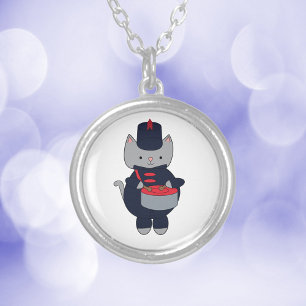 Drummer Marching Band Cat Navy Blue Red Silver Plated Necklace