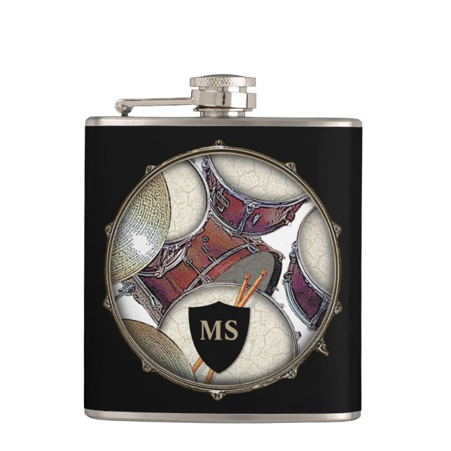 Drummer Monogram Snare Drum Kit Drumstick Musician Flask (Front)