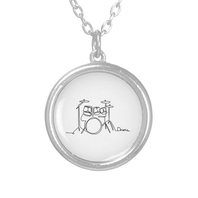 Drummer Music Design One-Line Drums  Silver Plated Necklace (Front)