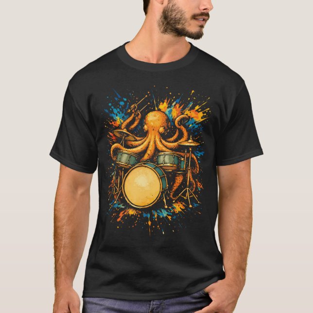 Drummer Octopus Playing Drums Funny Rock T-Shirt (Front)