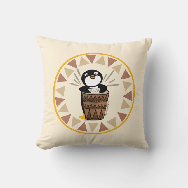 Drummer Penguin Throw Pillow (Front)