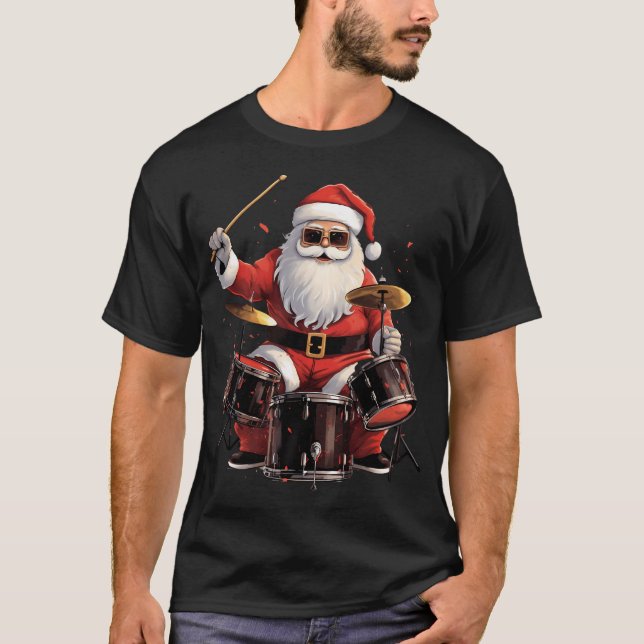 Drummer Santa Playing Drums Funny Christmas Drumme T-Shirt (Front)