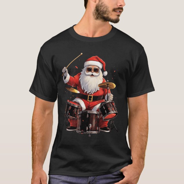 Drummer Santa Playing Drums Funny Christmas Drumme T-Shirt (Front)