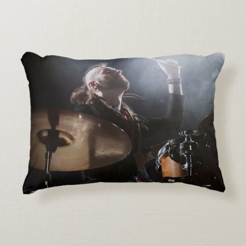 Drummer silhouette dark stage setting accent pillow