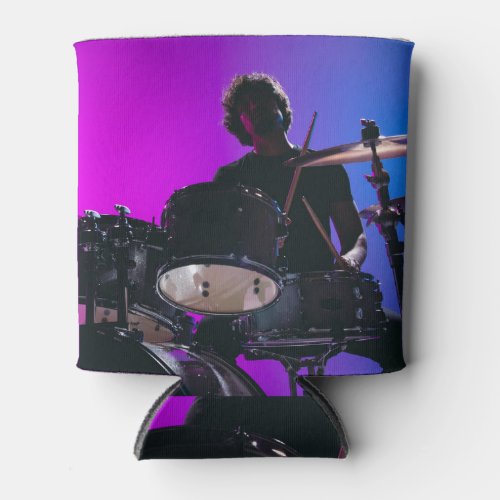 Drummer silhouette neon blue_pink background can cooler