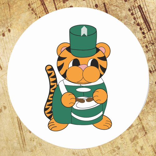 Drummer Tiger Marching Band Green and White Classic Round Sticker