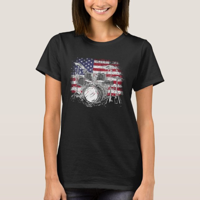 Drummer USA Flag Drum Set American 4th Of July Dru T-Shirt (Front)