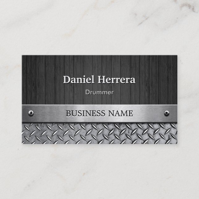 Drummer - Wood and Metal Look Business Card (Front)