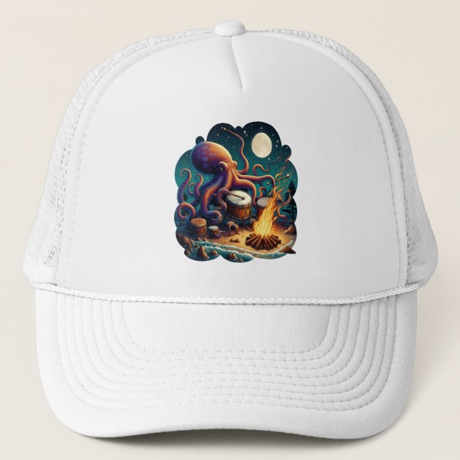 Drumming Octopus by the Campfire Trucker Hat (Front)