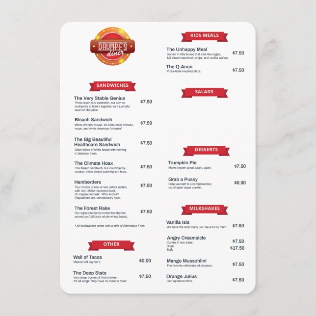 "Drumpf's Diner" Menu (Front)