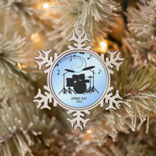 Drums Blue Personal Name and Date Snowflake Pewter Christmas Ornament (Tree)
