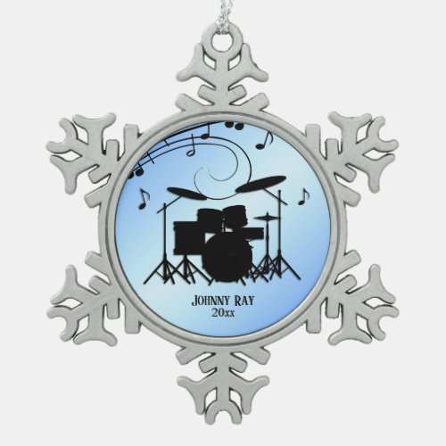 Drums Blue Personal Name and Date Snowflake Pewter Christmas Ornament