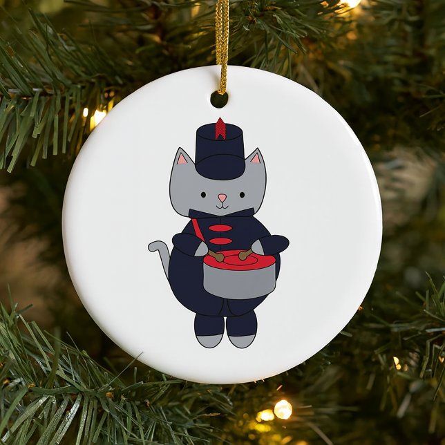 Drums Marching Band Cat Navy Blue Red Personalize Ceramic Ornament (An ornament featuring a cat playing the snare drum in a navy blue & red marching band uniform.)