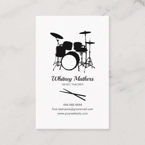 Drums Music Teacher | Drummer Instructor Business Card - Drum music tutor business cards featuring a stylish black silhouette drum kit, name, job title, and contact information.