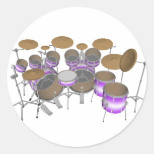 Drums: Purple & White Drum Kit: 3D Model: Classic Round Sticker