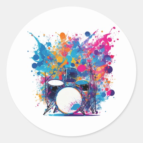 Drums surrounded by energetic splashes of colors classic round sticker