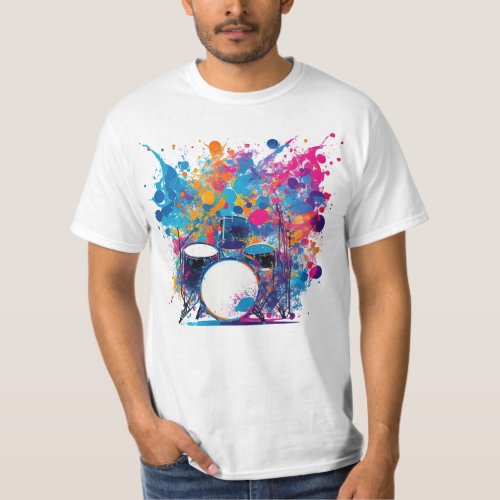 Drums surrounded by energetic splashes of colors T_Shirt