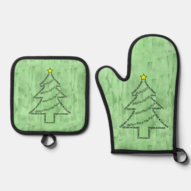 Drums Text Christmas Tree  Oven Mitt & Pot Holder Set (Front)