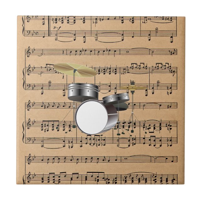 Drums With Sheet Music Background Ceramic Tile (Front)
