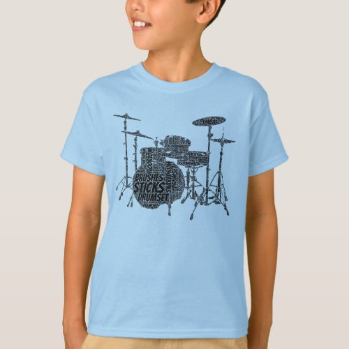 Drumset Shaped Word Art Black Text T_Shirt